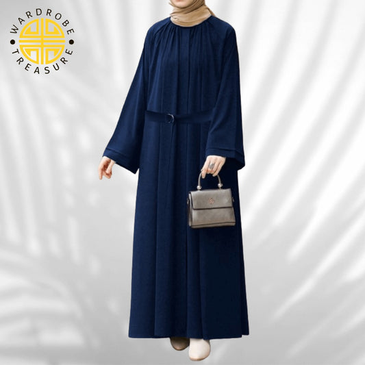 Navy Blue Kaj Button Abaya with Belt & Side Pocket | Only Abaya