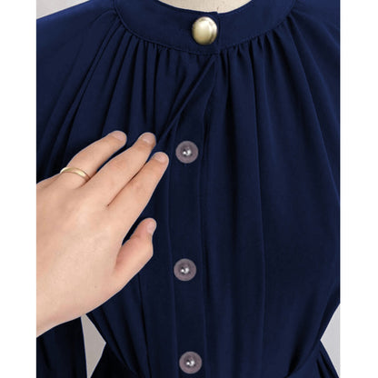 Navy Blue Kaj Button Abaya with Belt & Side Pocket | Only Abaya