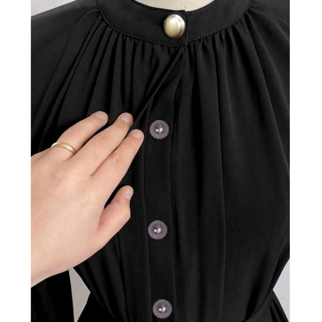 Black Kaj Button Abaya with Belt & Side Pocket | Only Abaya