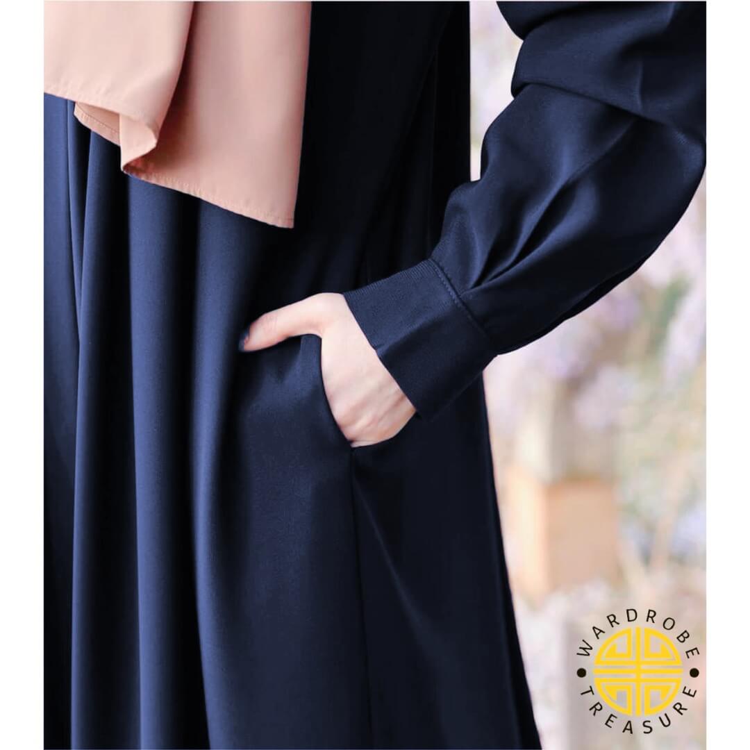 Navy Blue Front Zip Abaya with Belt & Side Pocket | Only Abaya