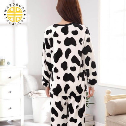 White Cow Printed Fleece Tracksuit For Her