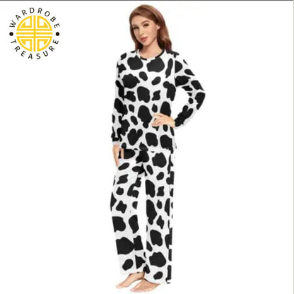 White Cow Printed Fleece Tracksuit For Her