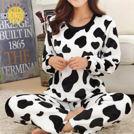 White Cow Printed Fleece Tracksuit For Her