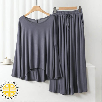 Grey Frill Sleeves Shirt with Pajama Lounge Wear For Her