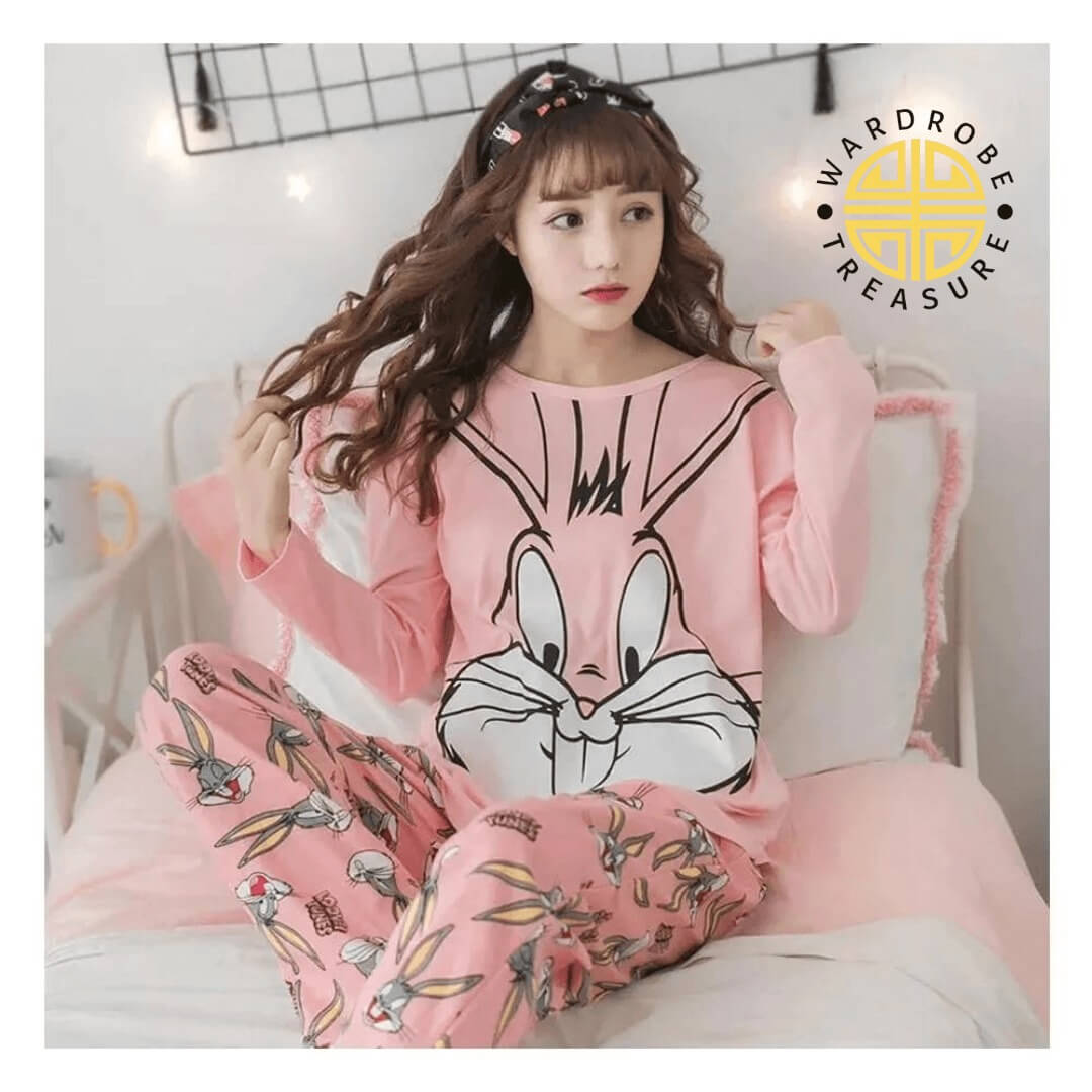 Baby Pink Bunny Printed Casual PJ Set For Her