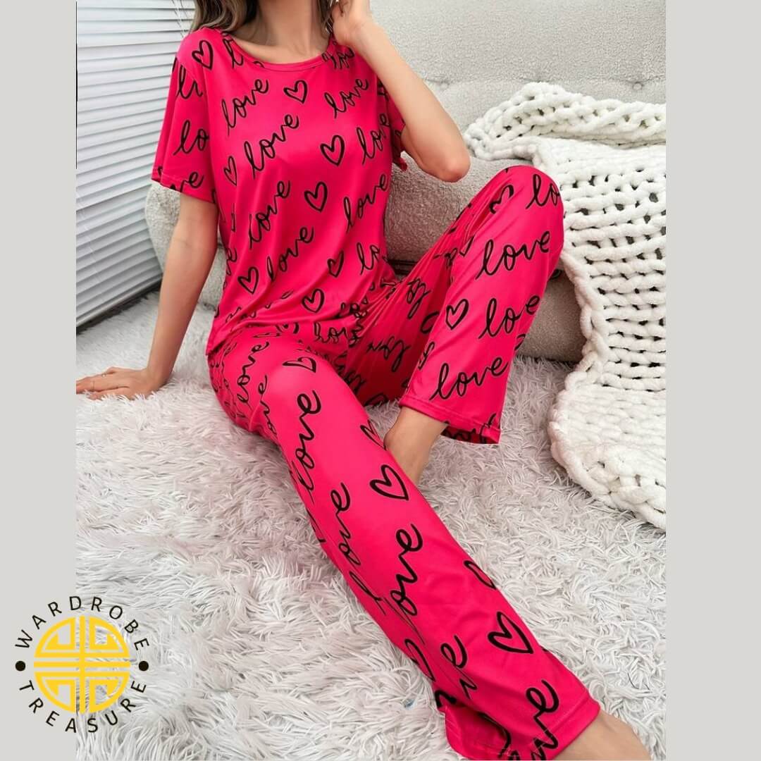 Dark Pink Love Printed Casual PJ Set For Her