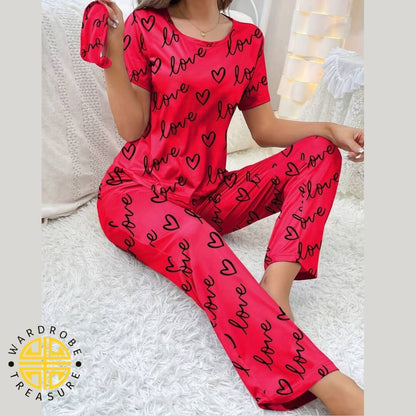 Dark Pink Love Printed Casual PJ Set For Her