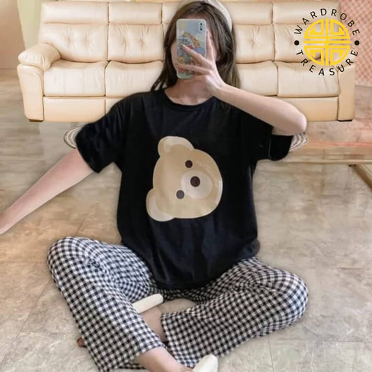 Black Bear Printed Casual PJ Set For Her