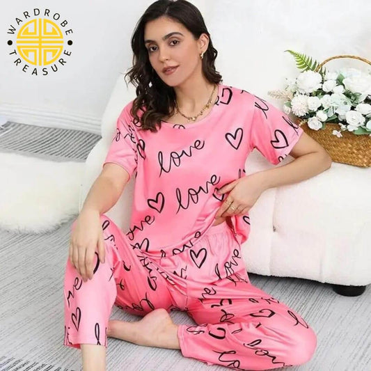 Light Pink Love Printed Casual PJ Set For Her