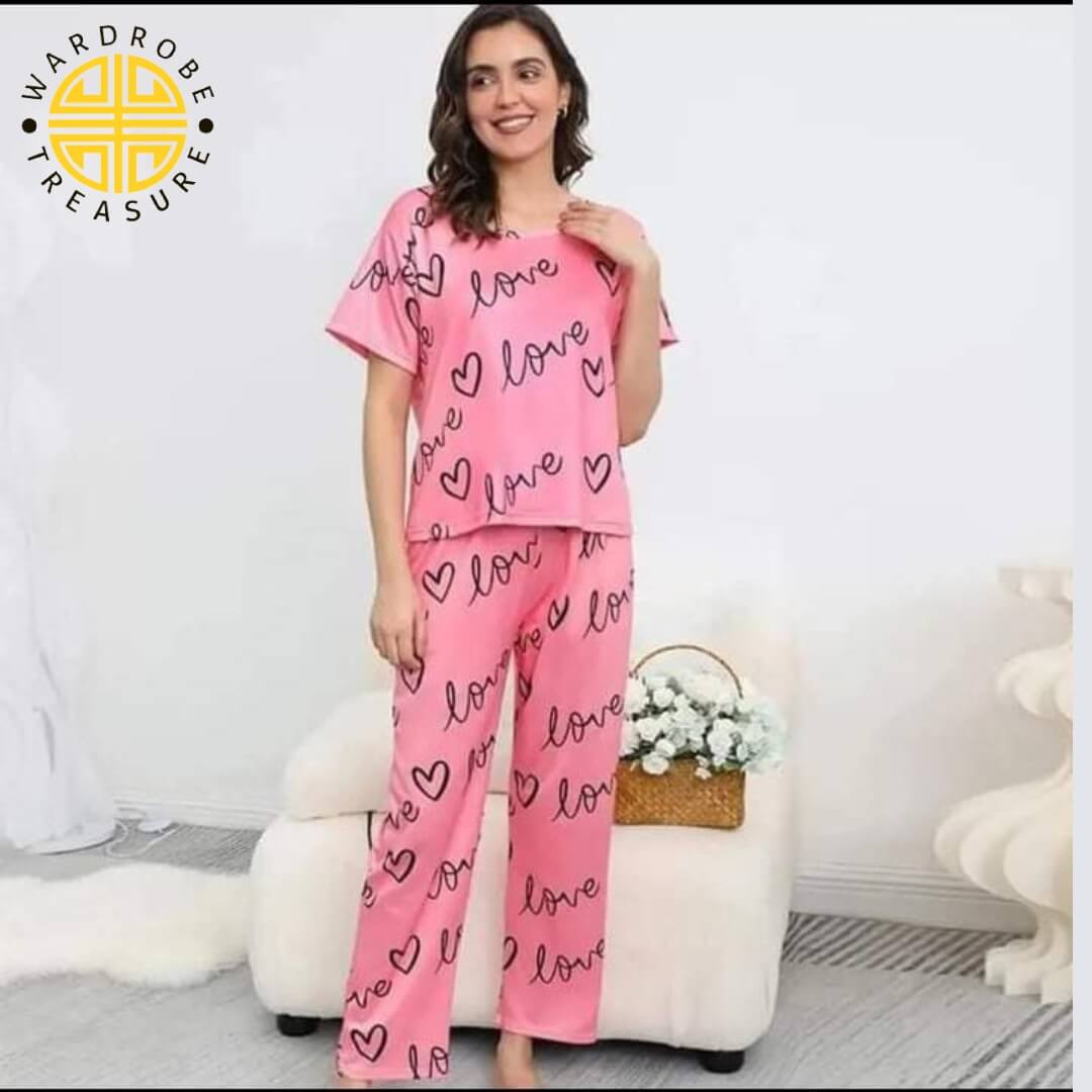 Light Pink Love Printed Casual PJ Set For Her