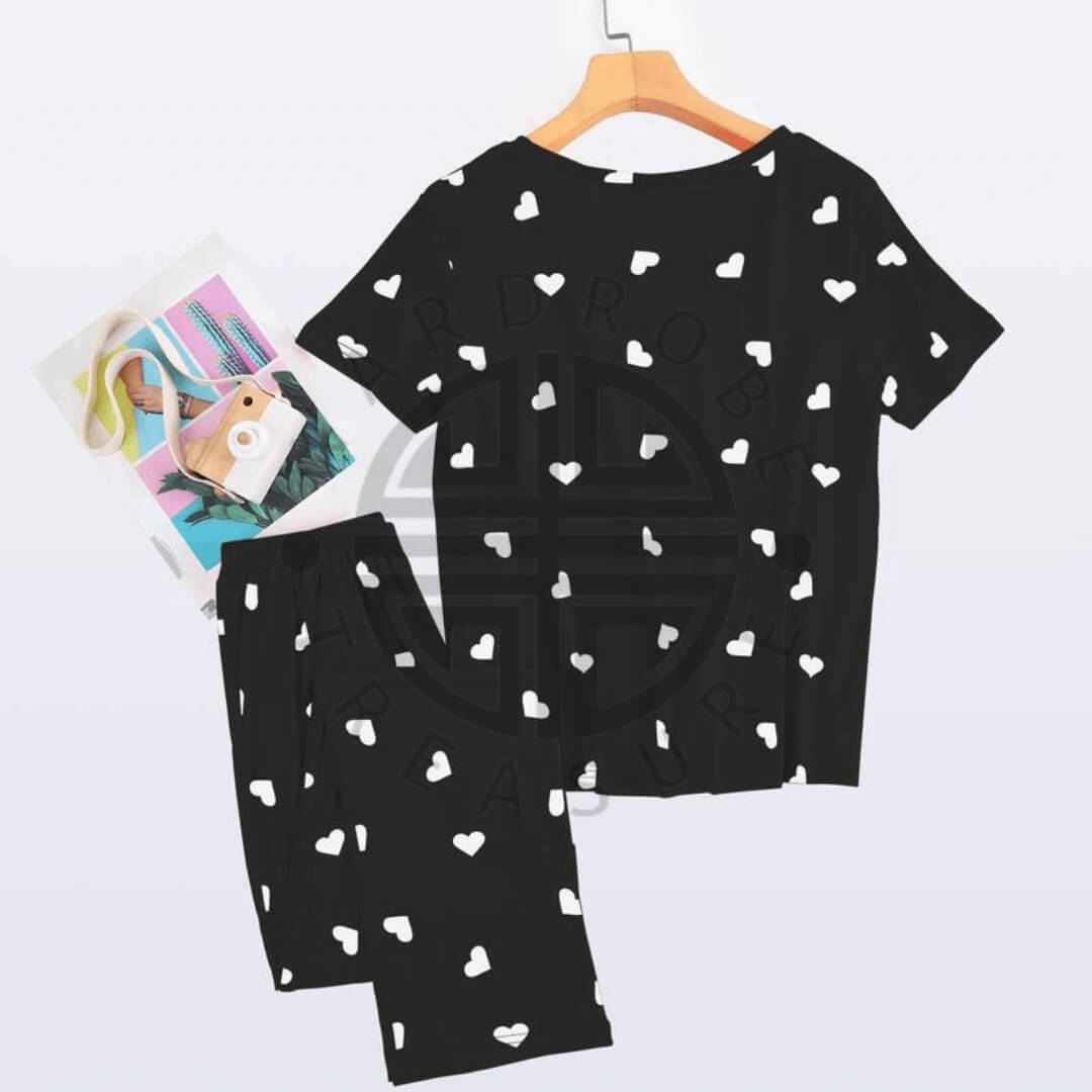 Black with White Heart Printed PJ Set For Her