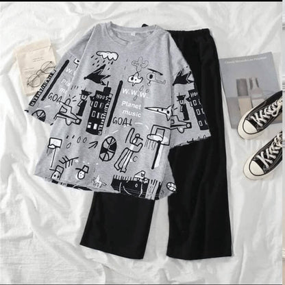 Grey Multi Printed Casual PJ Set For Her