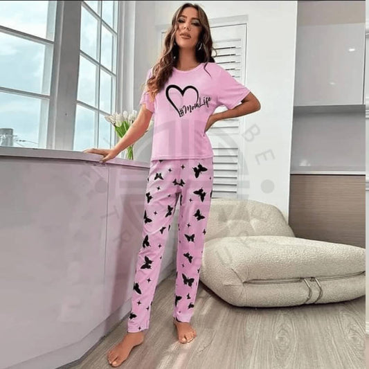 Baby Pink Mom Life with Heart Printed PJ Set For Her