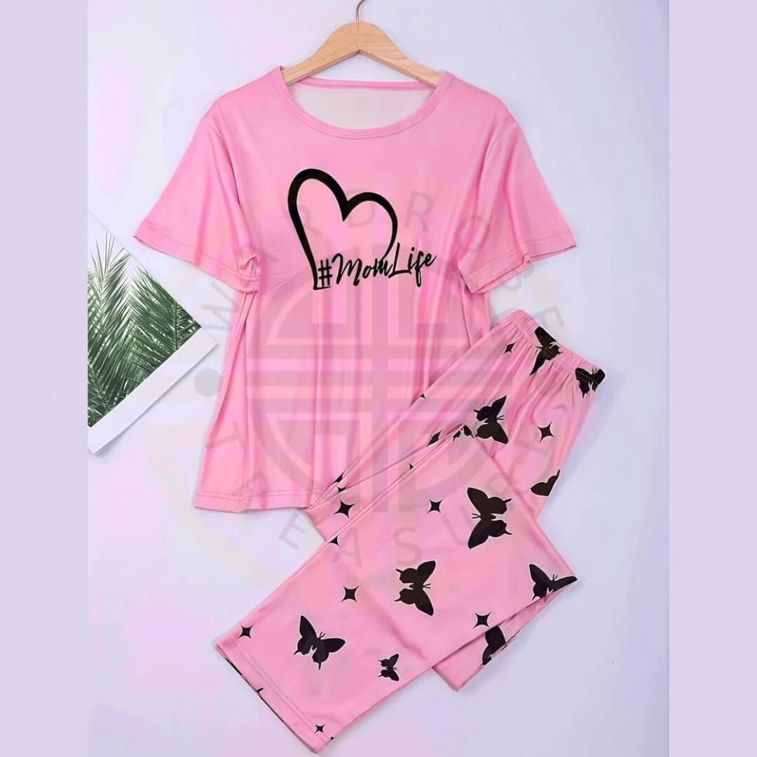 Baby Pink Mom Life with Heart Printed PJ Set For Her