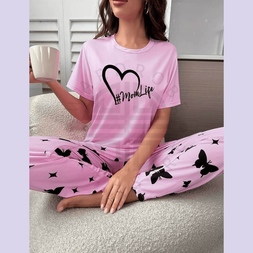 Baby Pink Mom Life with Heart Printed PJ Set For Her