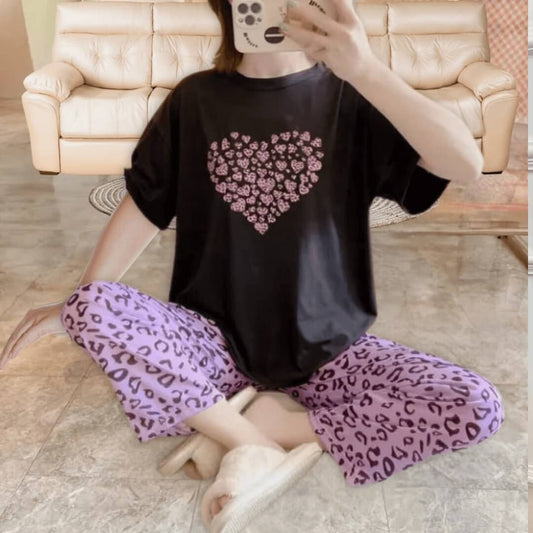 Purple Heart With Cheetah Printed PJ Set For Her