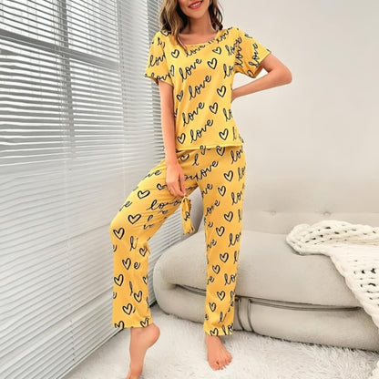 Yellow Love Printed Casual PJ Set For Her