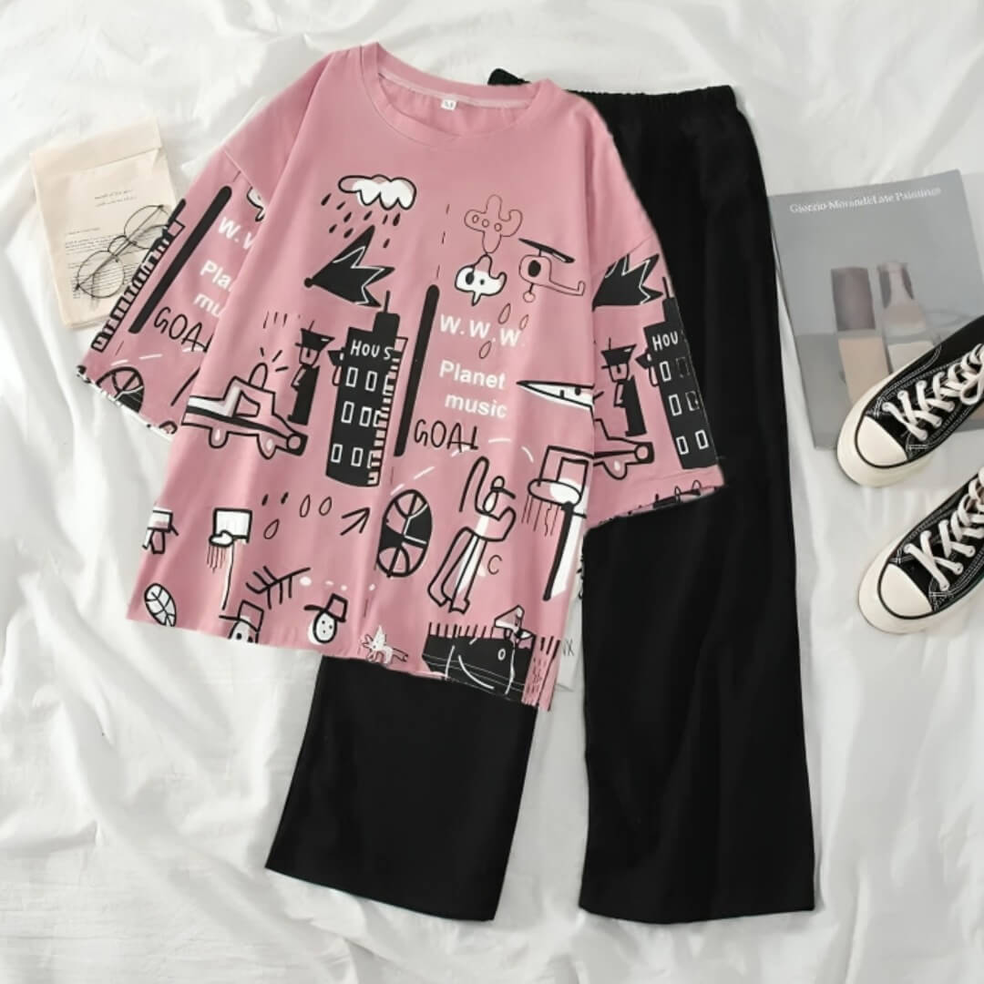 Baby Pink Multi Printed Casual PJ Set For Her