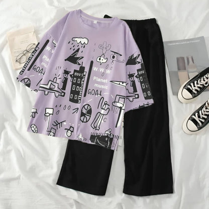 Lilac Purple Multi Printed Casual PJ Set For Her