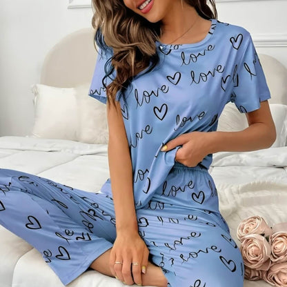 Light Blue Love Printed Casual PJ Set For Her