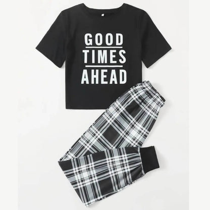 Black Good Times Ahead with Cheq Printed PJ Set For Her