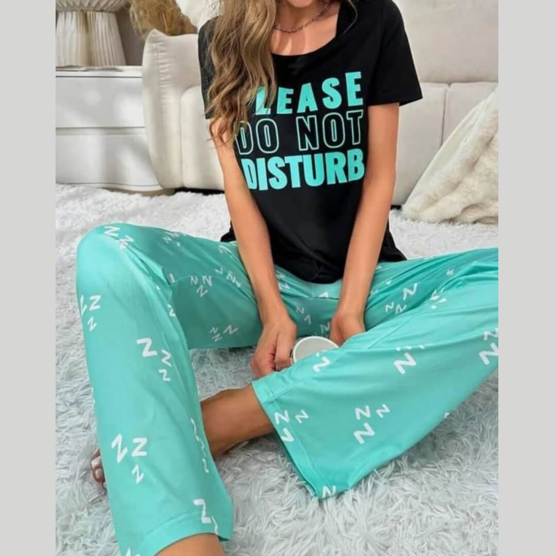 Black Please Do not Disturb with Ice Blue Printed PJ Set For Her