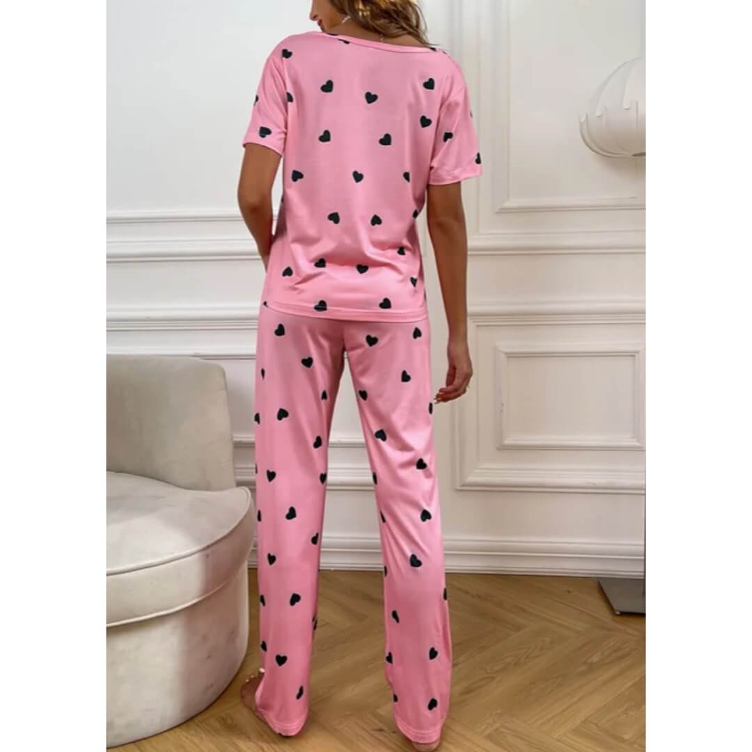 Baby Pink with Black Hearts Printed PJ Set For Her