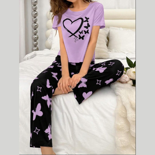 Lilac with Black Heart Butterfly Printed PJ Set For Her