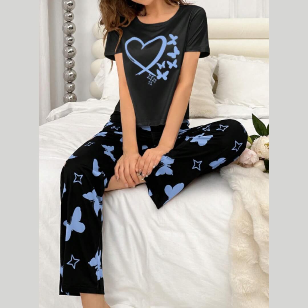 Black with Blue Heart Butterfly Printed PJ Set For Her