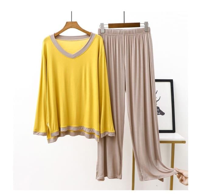 V-Neck Yellow with Beige Flapper Style Loungewear For Her