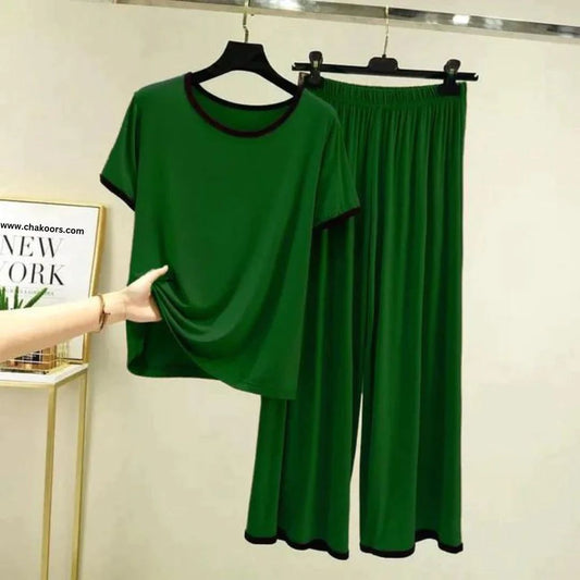 Dark Green with Black Piping Style Home Wear For Her