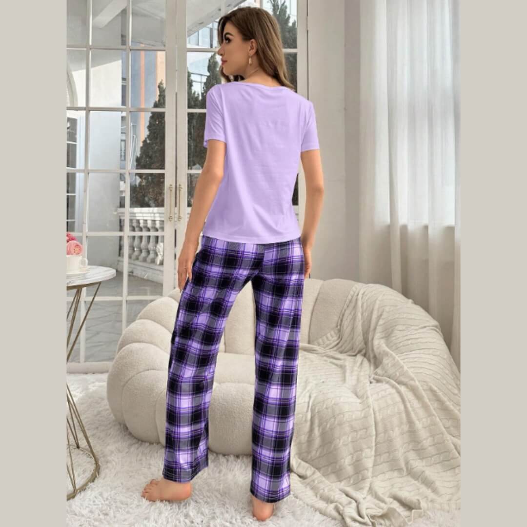 Lilac Love Heart with Cheq Printed PJ Set For Her