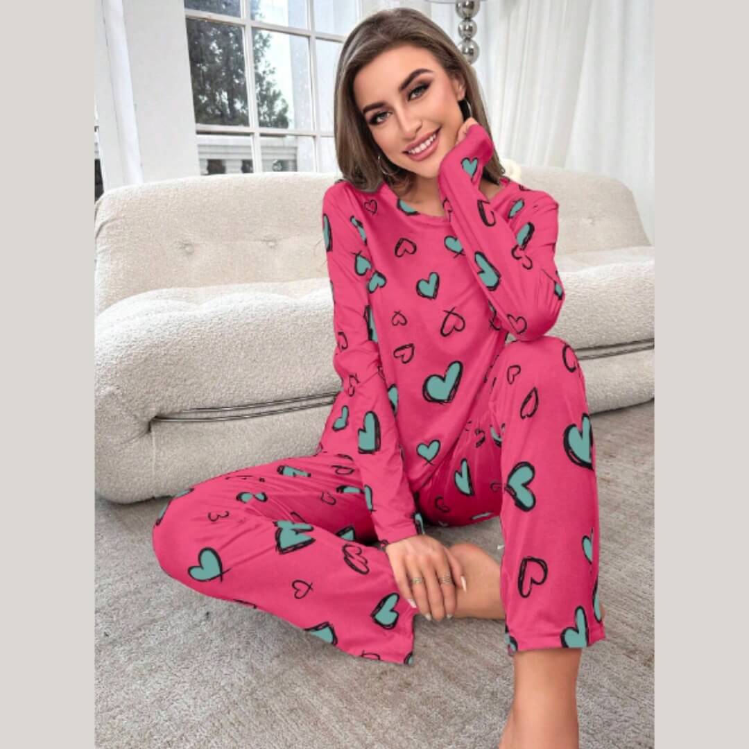 Dark Pink with Green Multi Hearts Printed PJ Set For Her