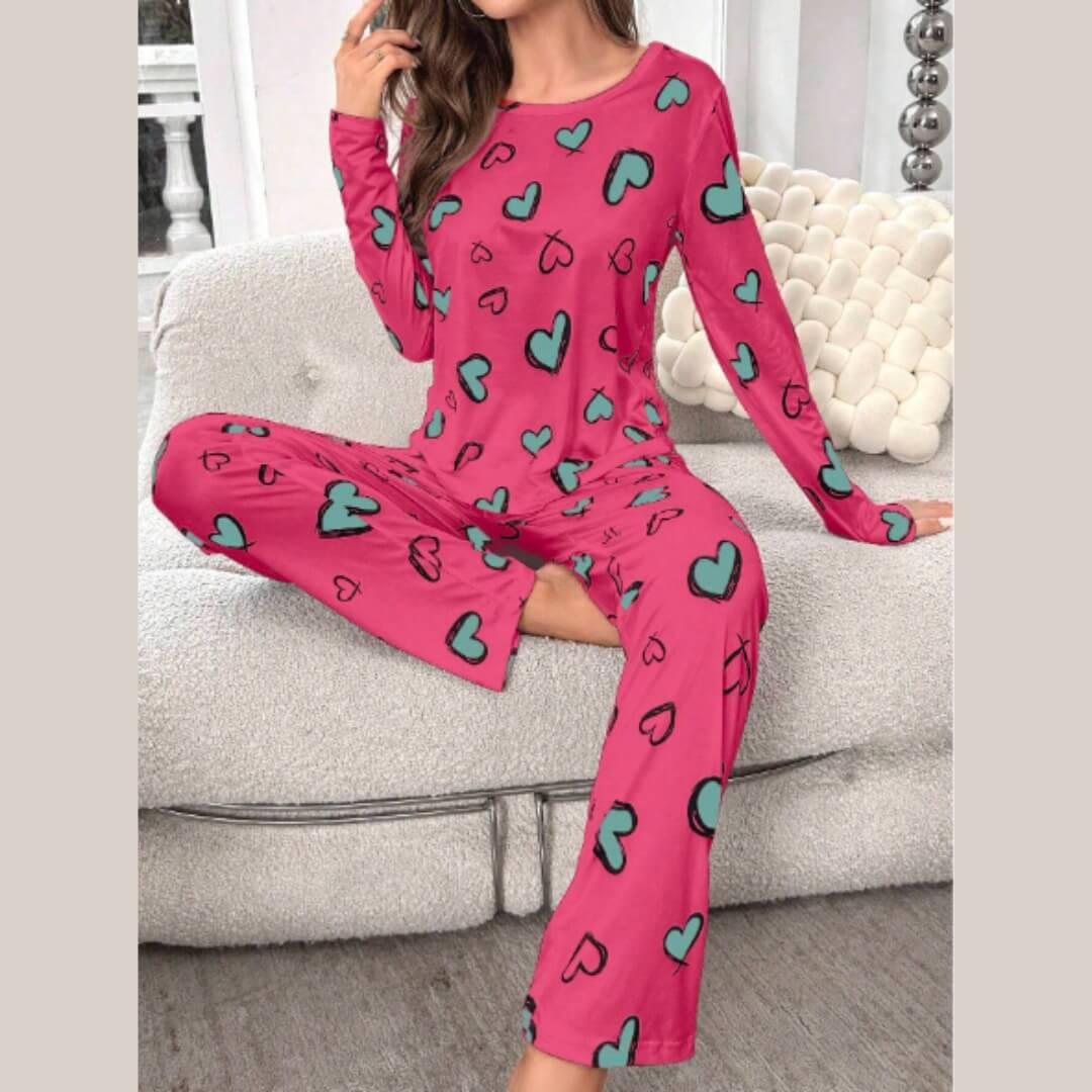 Dark Pink with Green Multi Hearts Printed PJ Set For Her