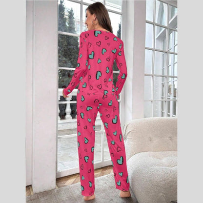 Dark Pink with Green Multi Hearts Printed PJ Set For Her