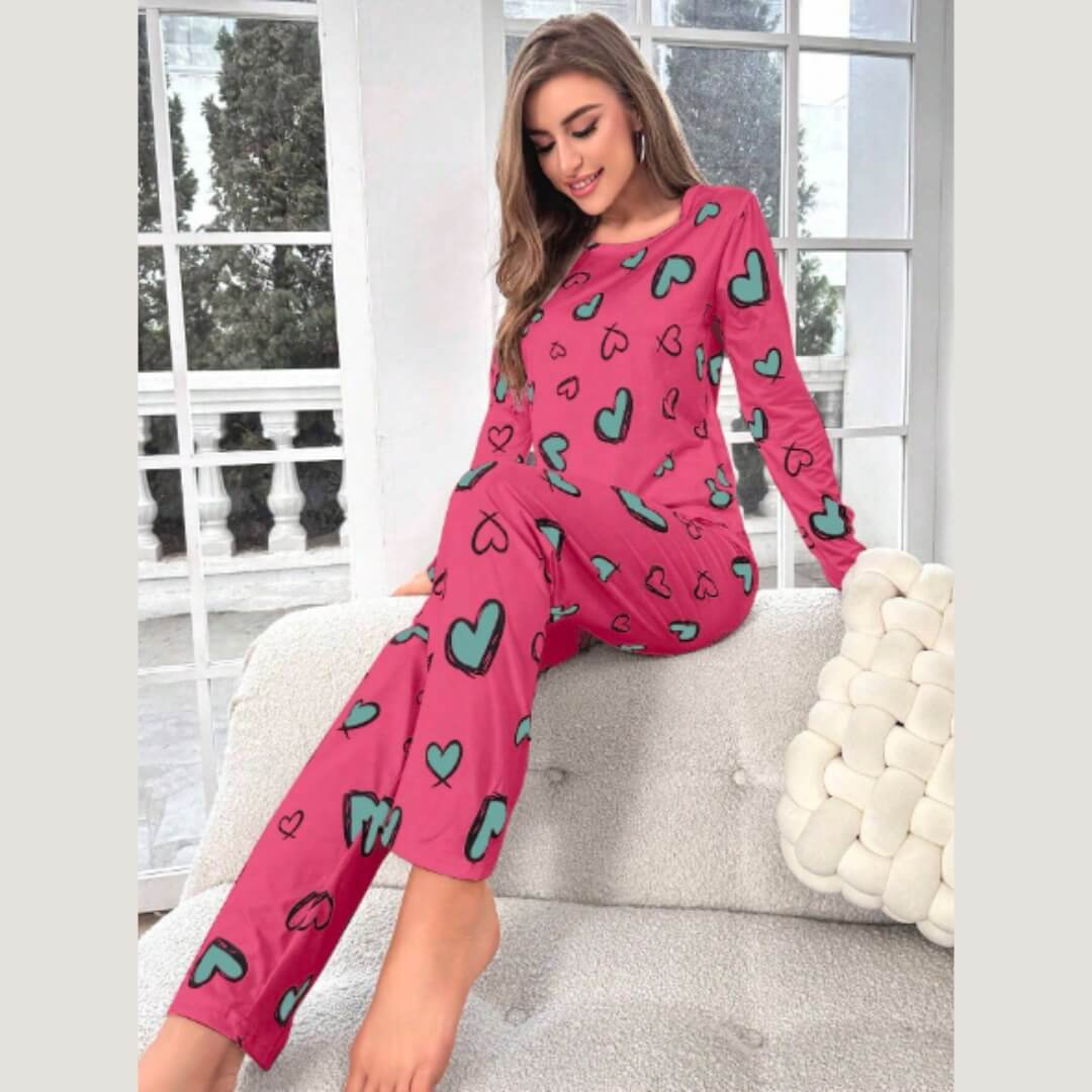 Dark Pink with Green Multi Hearts Printed PJ Set For Her