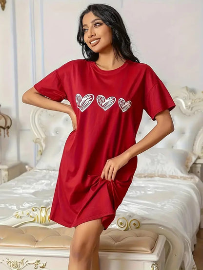 Red with Hearts Printed Long Tee For Her