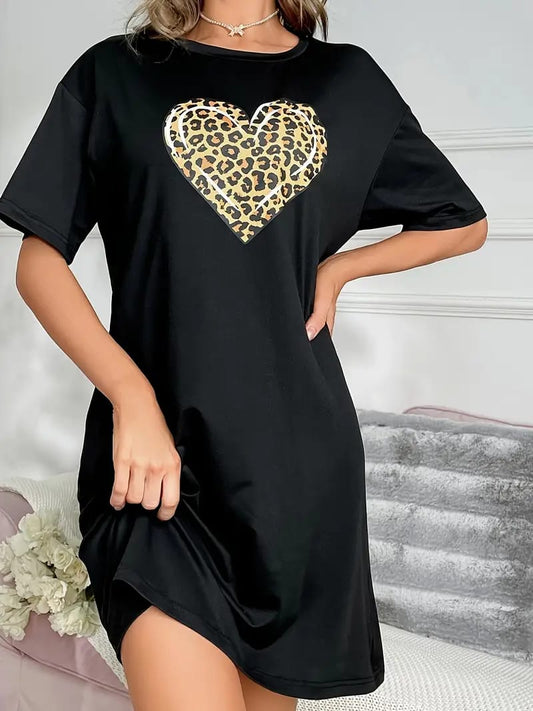 Black with Cheetah Heart Printed Long Tee For Her