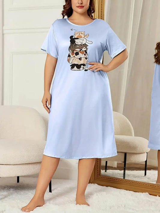 Ice Blue Happy Cats Printed Long Tee For Her