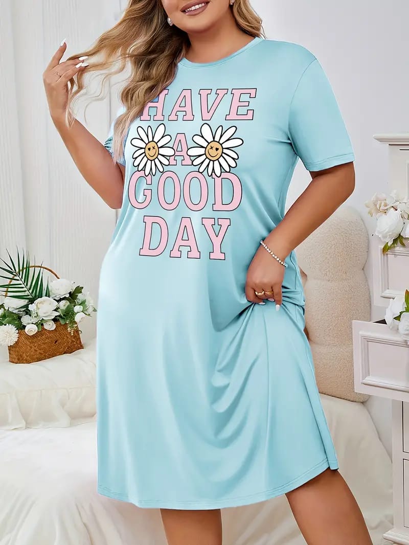 Ice Blue Have a Good Day Printed Long Tee For Her