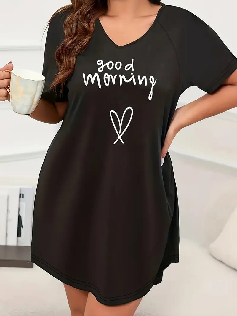 Black Good Morning with Heart Printed Long Tee For Her