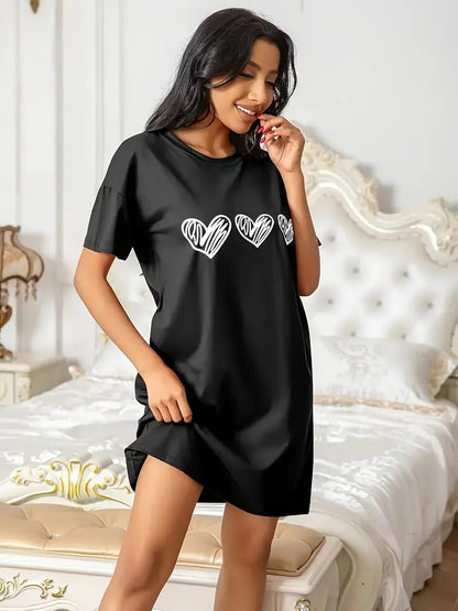 Black with White Hearts Printed Long Tee For Her