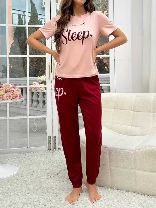 T-Pink Sleep with Maroon Sleep Printed PJ Set For Her