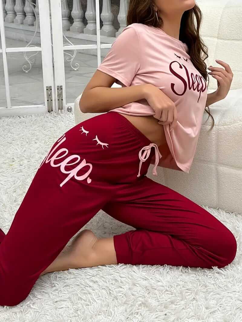 T-Pink Sleep with Maroon Sleep Printed PJ Set For Her