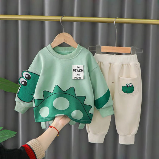 Green Crocodile Printed SweatShirt with Off White Printed Trouser For Kids