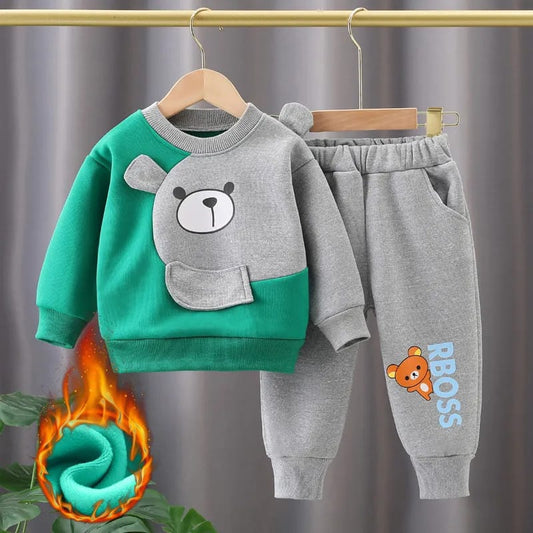 Green with Grey Bear Printed Sweatshirt with Grey Printed Trouser For Kids