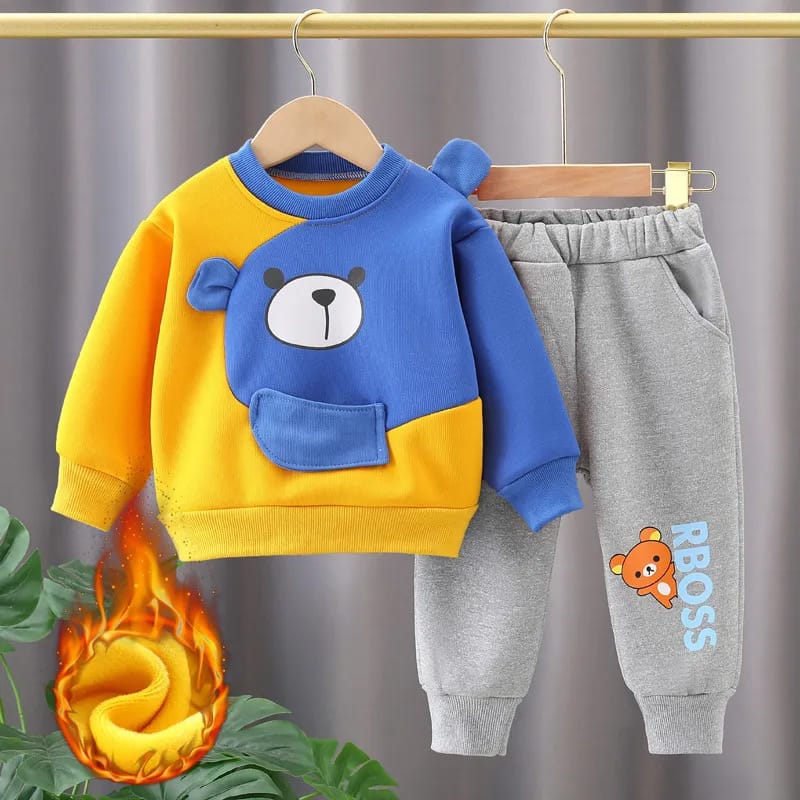 Yellow with Blue Bear Printed Sweatshirt with Grey Printed Trouser For Kids