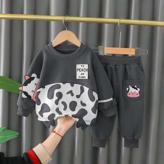 Black & White Cow Printed SweatShirt with Black Printed Trouser For Kids