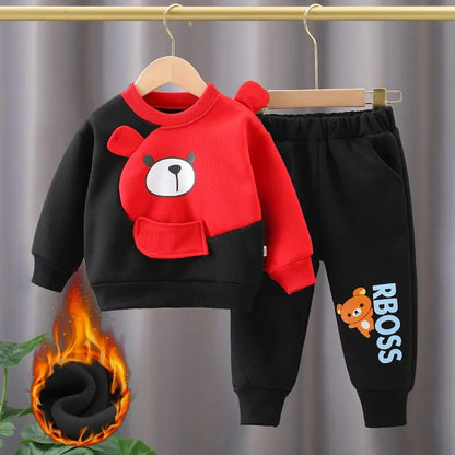 Black with Red Bear Printed Sweatshirt with Black Printed Trouser For Kids