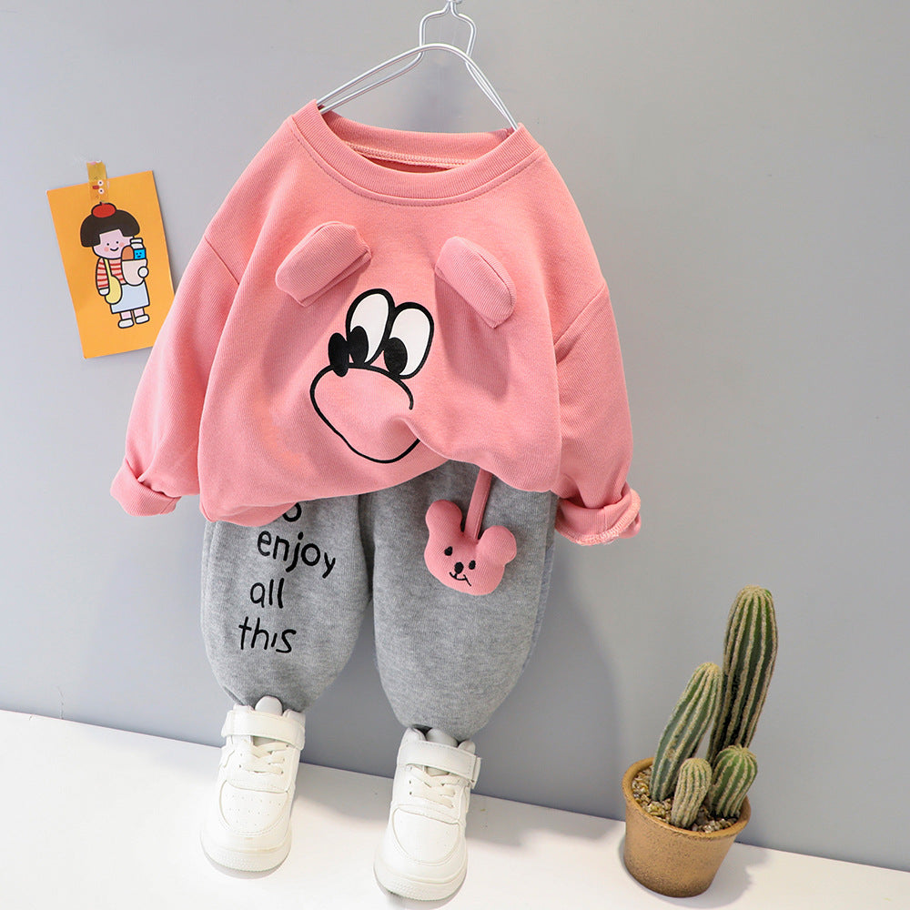 Baby Pink Mouse Printed Sweatshirt with Grey Printed Trouser For Kids